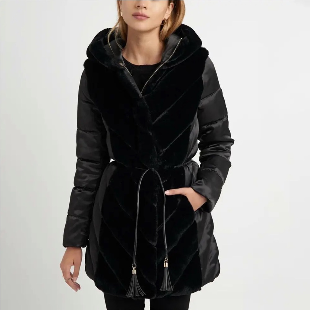 Karl Lagerfeld Black Tiered Faux Fur Belted Tassel Puffer Coat Jacket